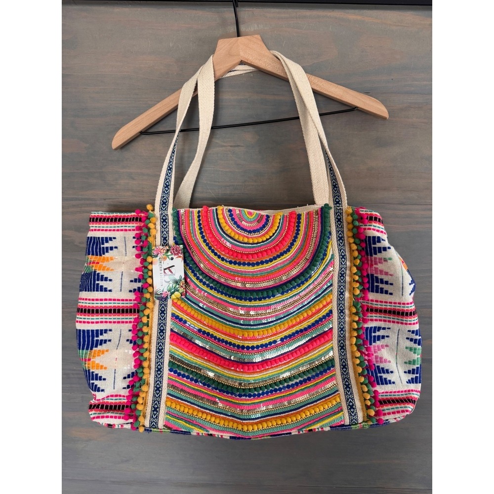 America and Beyond Alex Embellished Tote Bag Multi Color Boho Pom Pom New